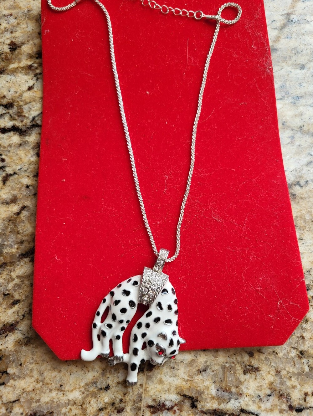 Silver-Tone White & Black Enamel Leopard Pendant Adjustable  Necklace